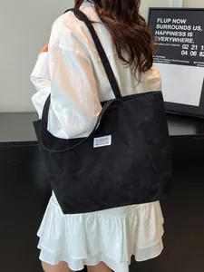 Retro black corduroy tote bag with large capacity for women stylish street casual style