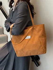 Retro mustard yellow corduroy tote bag with large capacity and stylish fashion label