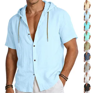 Detailed view of linen texture and color swatches for men's hooded short sleeve shirts