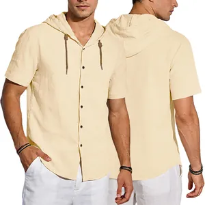 Men's short sleeve linen hooded shirt in beige with button-up front and drawstring hood