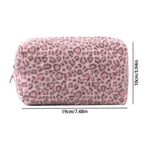 Detailed size view of the pink leopard print plush makeup bag with soft fur texture