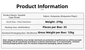 Size and material details of plaid hooded poncho made of 135x135x25cm polyester fabric