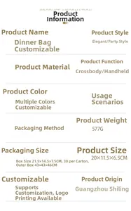 Detail view of acrylic evening clutch specifications and product dimensions list
