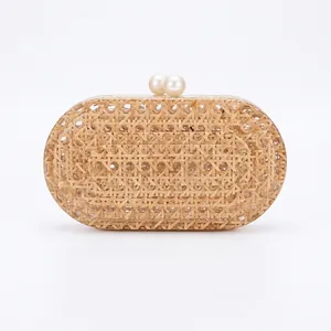 Rattan Woven Acrylic Evening Bag With Artificial Pearl Clasp Chain Strap Bohemian Retro Clutch Handbag For Women Wedding Party