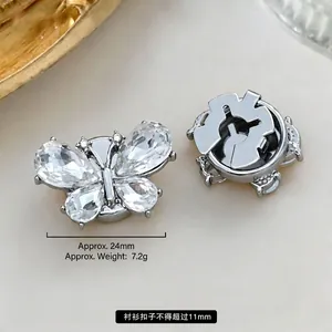 Detailed view of silver butterfly rhinestone lapel pin showing front and back with dimensions