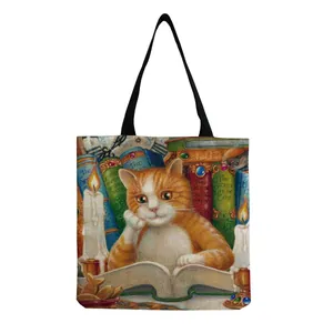Close-up of artistic cat reading oil painting print on durable canvas tote bag