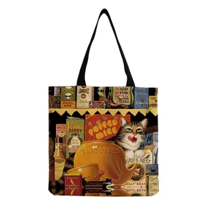 Close-up of canvas tote bag featuring cute tabby cat print and vintage food motifs