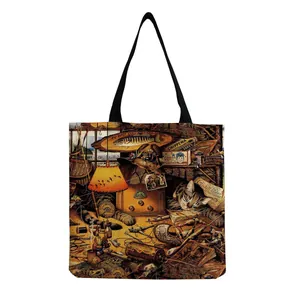 Close-up of portable canvas shopping bag featuring a vintage sleeping cat illustration