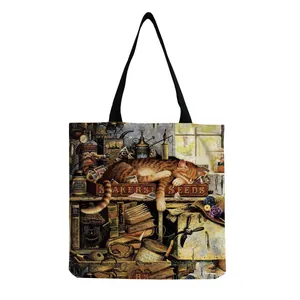 Detail of artistic cat print on canvas tote bag featuring a vintage garden theme