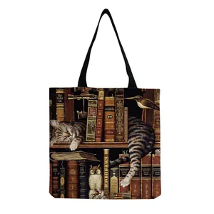 Close-up of vintage cat print on canvas tote bag with detailed digital printing