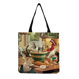 Detail of cute cat kitchen baking print on portable canvas shoulder tote bag