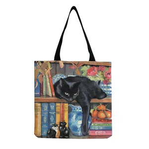 Vintage Cat Print Linen Canvas Tote Bag For Women Large Capacity Reusable Aesthetic Shopping Bag Retro Illustration Beach Shoulder Bag