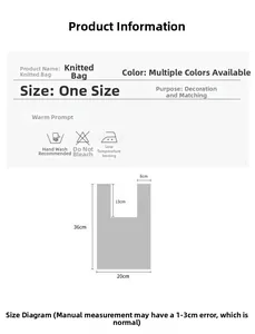 Detailed size chart for panda knit tote bag showing dimensions and wash instructions
