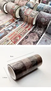 Makro-Detail des Vintage-Washi-Tape-Sets mit antiken Kartenmustern und Abmessungen