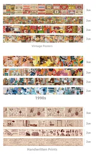 Detaillierte Anzeige von Vintage-Washi-Tape-Sets mit Retro-Postern und 90er-Mode-Mustern