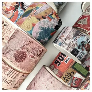 Set mit 4 Vintage-Washi-Tapes mit Retro-Reisekarten und Ukiyo-e-Wellenmustern