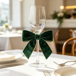 Detail of dark green velvet bow with gold edges decorating a crystal wine glass stem