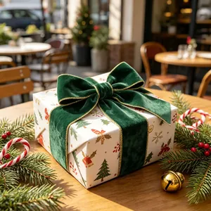 Close-up of 6cm green velvet ribbon bow with gold edges on festive Christmas gift box