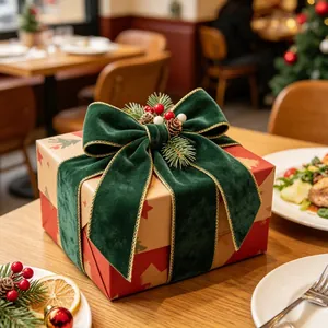 Christmas gift box with a 6cm green velvet gold-edged bow and pine cone decor