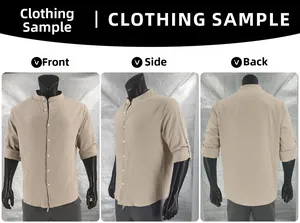 Front, side, and back views of a men's linen casual shirt with stand collar and long sleeves