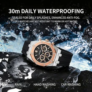 Waterproof chronograph watch for men with rose gold bezel and black rubber strap