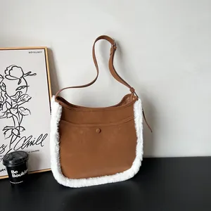 Fashion Women Suede Bucket Bag Faux Fur Trim Large Capacity Simple Casual Shoulder Crossbody Bag Retro Winter Handbag