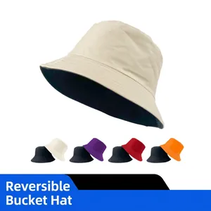 Reversible Cotton Bucket Hat Sun Protection Wide Brim Solid Color Plain Summer Outdoor Casual Cap For Men Women