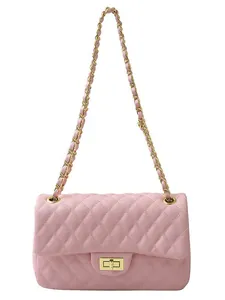 Elegant pink quilted leather chain bag with gold hardware and classic diamond stitching