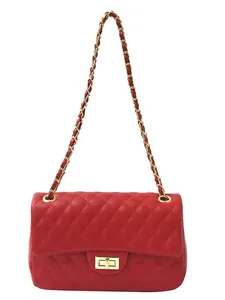 Elegant red quilted leather chain shoulder bag with classic gold twist lock and diamond stitching