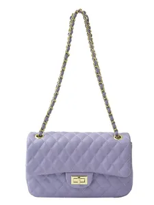 Classic purple quilted leather shoulder bag with gold chain strap and turn-lock closure