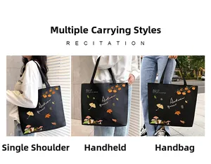 Black canvas tote bag showing three carrying styles: shoulder, hand-held, and forearm carry