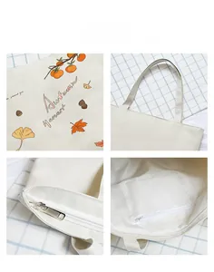 Detail view of canvas tote bag with Autumn Harvest print and interior zipper pocket
