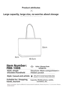Detailed size chart for large canvas tote bag showing 40.5x8x32cm dimensions and structure