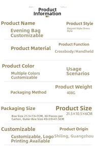Detailed size and weight specs for acrylic evening clutch bag 21.5x10.5x6cm 408g
