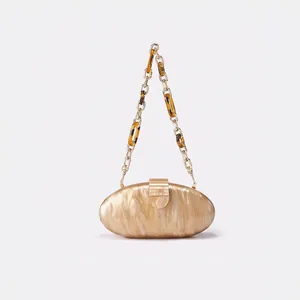 Women Evening Clutch Bag Acrylic Marble Texture Oval Hard Shell With Removable Gold Chain Resin Link Strap Elegant
