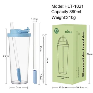 880ml Tritan reusable boba tumbler with retractable straw and cleaning brush set