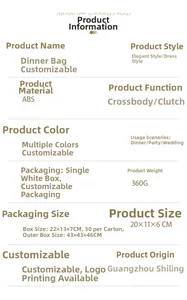 Specifications of the ABS acrylic evening clutch bag measuring 20x11x6 cm and 360g weight