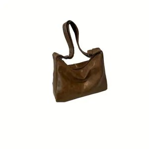 Minimalist large capacity dark brown soft PU leather crossbody bag for women with wide strap