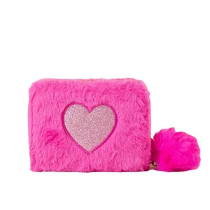 Pink plush pouch with glitter heart pattern and fluffy pompom keychain for daily use