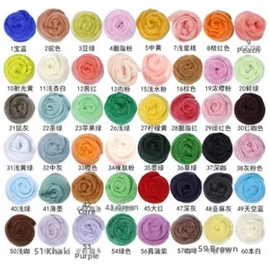 Detail view of 48-color 66S wool roving fiber set for needle felting DIY crafts