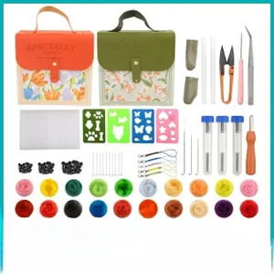 Complete DIY needle felting kit with colorful wool yarn and various crafting tools