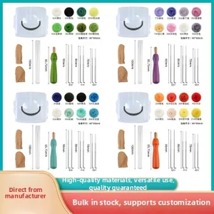 Detail view of colorful wool roving fiber and specialized needle felting tool kit