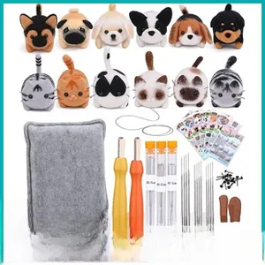 Detailed DIY wool felting kit including 12 animal models, tools, needles and foam mat