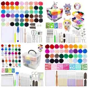 Complete needle felting kit with 50 colored wool roving and tools in three-layer box