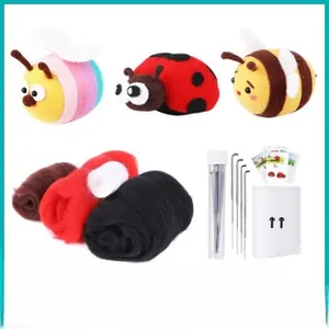 DIY needle felting kit showing wool roving, tools, and finished insect models