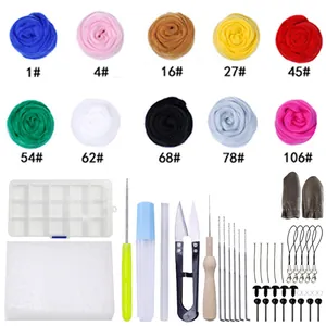 Macro shot of 10-color wool felt DIY kit including needles, foam mat and storage box