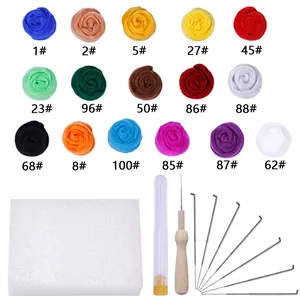 Detail of 16-color wool felting kit with needles, foam pad and wooden handle tool