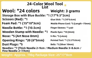 Detailed list of 24 colors wool roving and essential needle felting tools set components