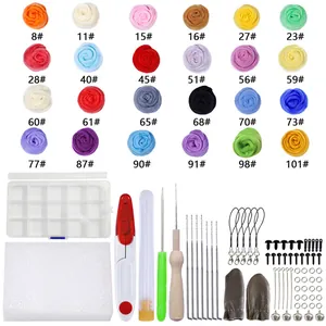 Detailed 24-color needle felting kit with wool roving, needles, foam pad, and tools