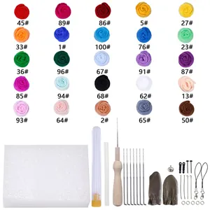 Detail view of 25 colors wool felt DIY kit including foam pad, needles, and accessories